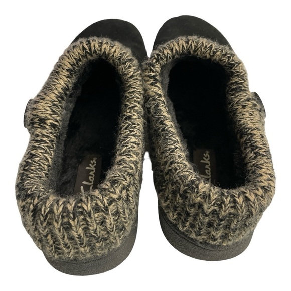 Clarks Black Leather Winter Shoes Women's 9M Knit Collar Slip On Round Toe - Picture 8 of 11
